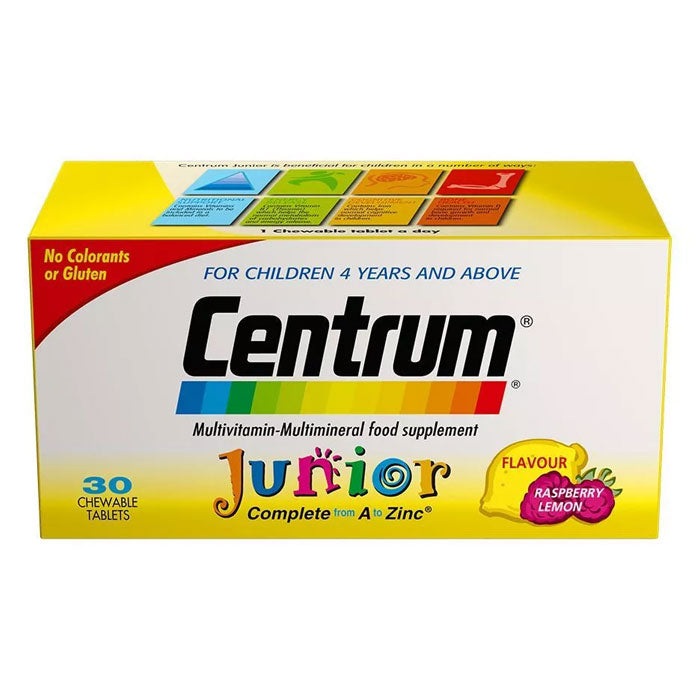 Centrum Junior Multivitamin & Mineral Chewable Nutrition & Supplements Raspberry & Lemon Flavor For Children (4+ Years) - Gluten Free, Colorants Free 30 Tablets