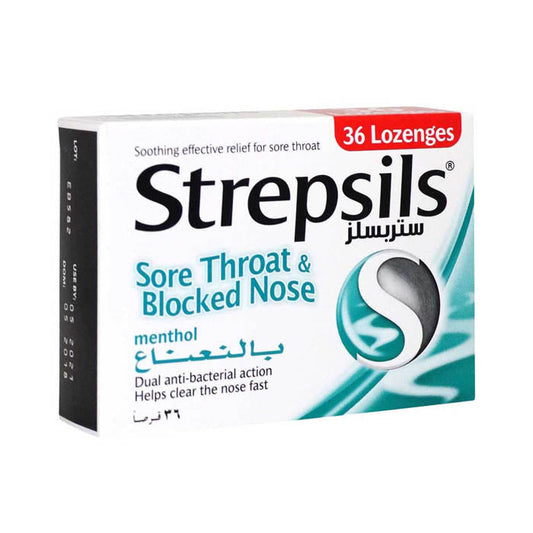 STREPSILS SORETHROAT& BLOCKED NOSE MENTHOL 36'S