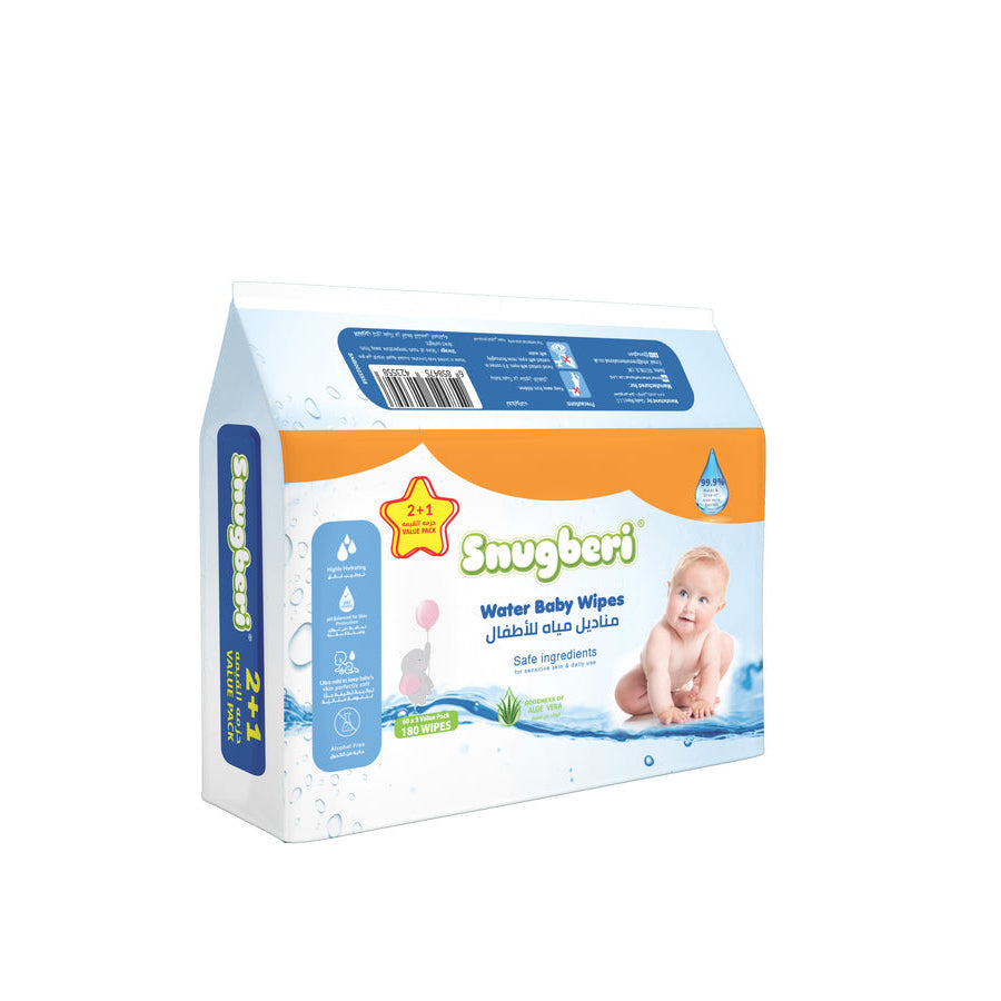 SNUGBERI WATER BABY WIPES 60,S x 3 VALUE PACK