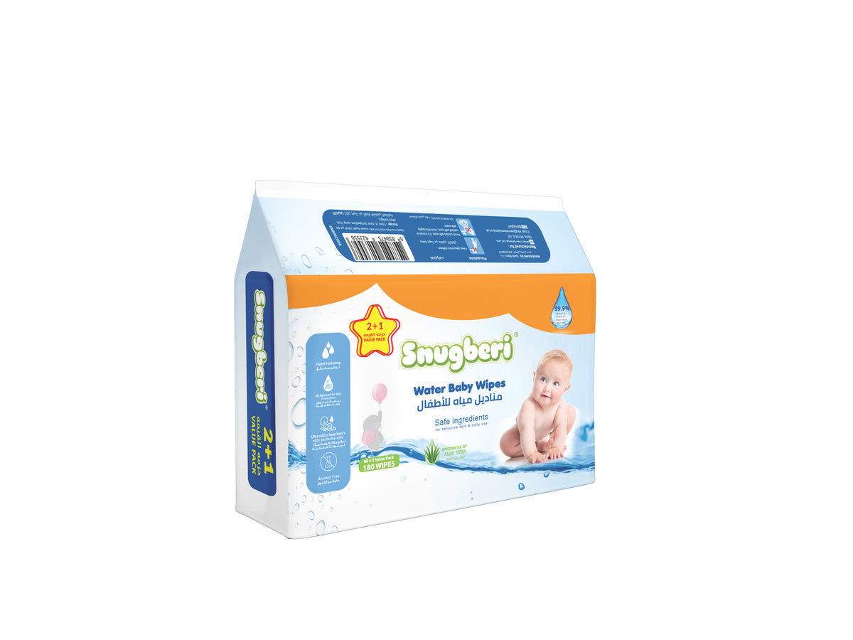 SNUGBERI WATER BABY WIPES 60,S x 3 VALUE PACK