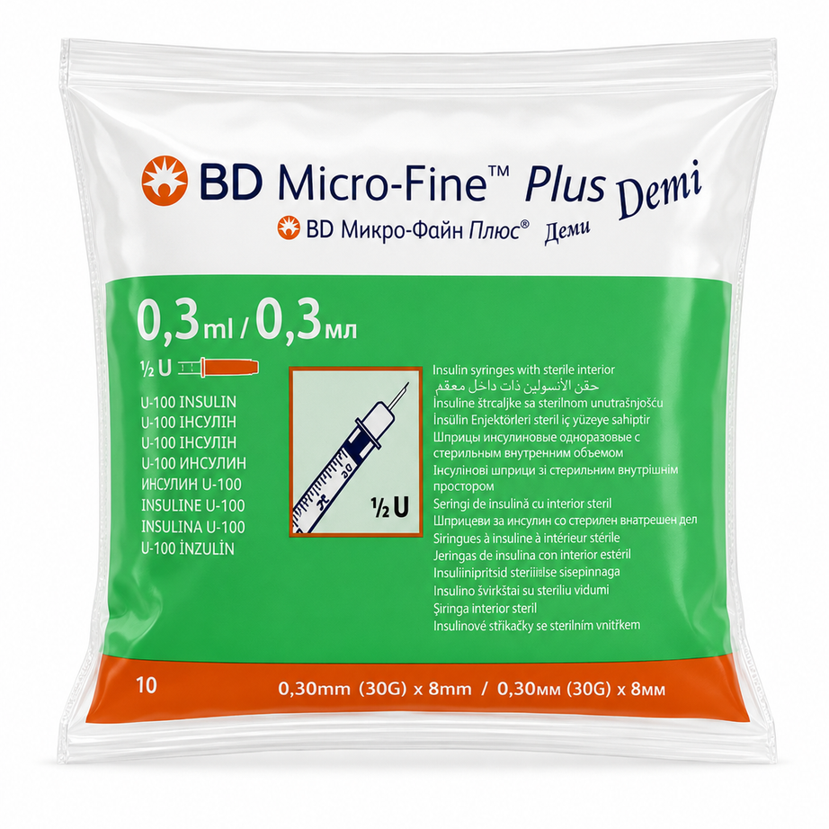 BD MICRO FINE PLUS INSULIN SYRINGE 30GX8MM 0.3ML 100S